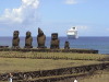 Moai near Rano Raraku with the Crystal Serenity in the distance