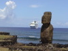 Moai near Rano Raraku with the Crystal Serenity in the distance